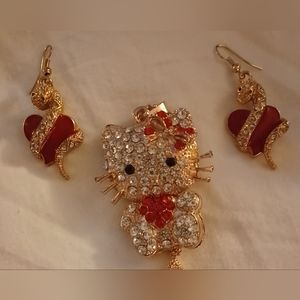 New Golden Crystal Bow Heart Kitty Necklace+Red Heart Wrapped Snake Earrings Set